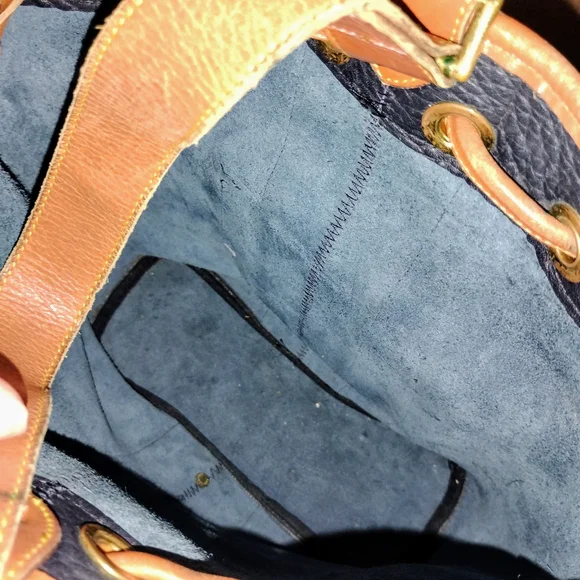Dooney & Bourke Navy and Tan Leather Drawstring Bucket Bag - Picture 5 of 6